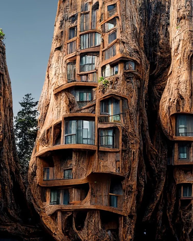 Ai-generated “Symbiotic Architecture” is used in a project that envisions a one-bedroom apartment building inside a live redwood tree